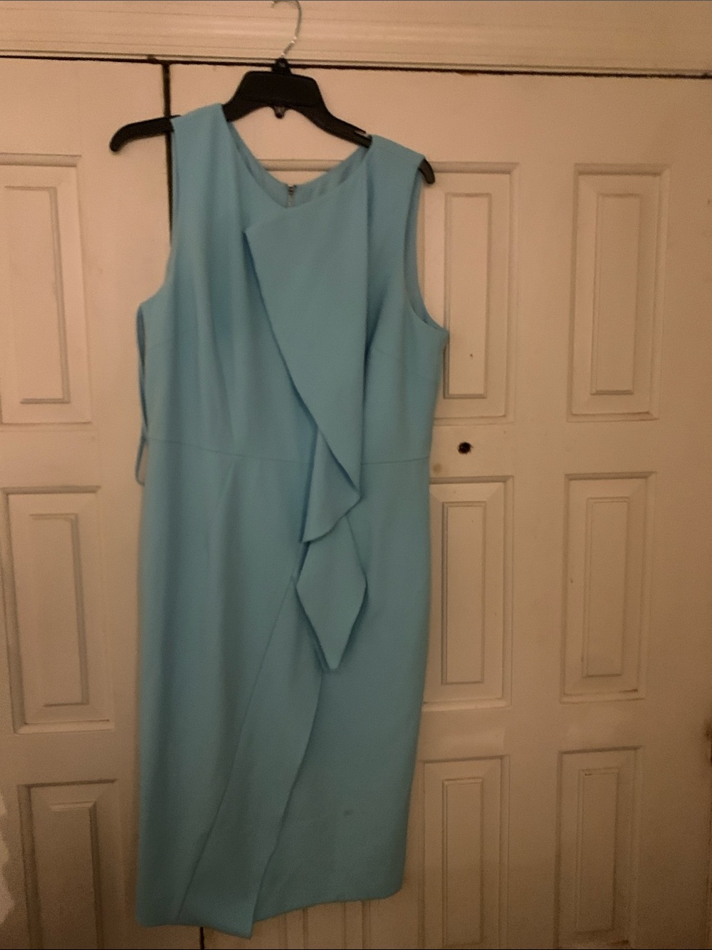 ANTONIO MELANI Light Blue Sleeveless Ruffle-Front Midi Sheath Dress